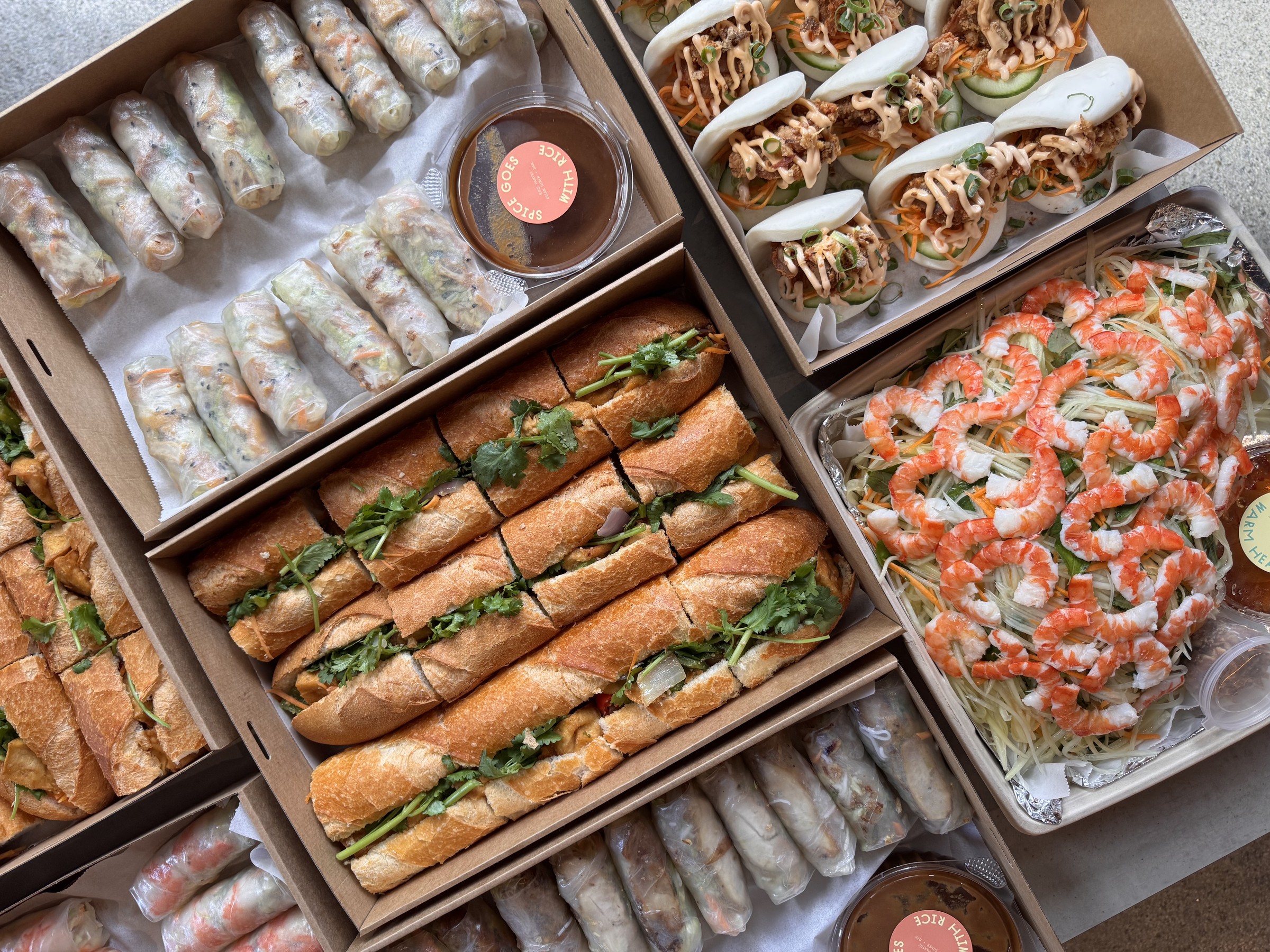 A generous spread of Rice Pantry catering trays